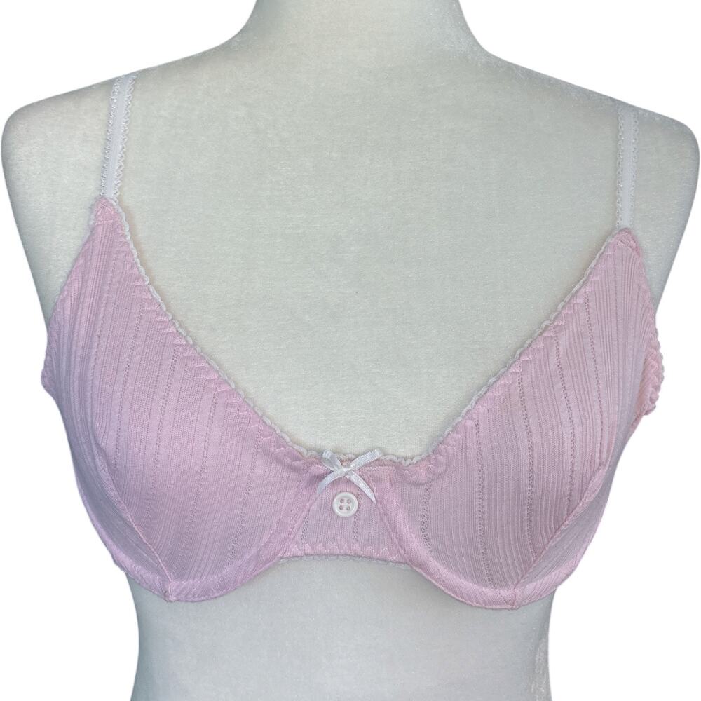 Vintage Victorias Secret Ribbed Cotton Underwire Bra Pink Size 36B Y2K Style0408